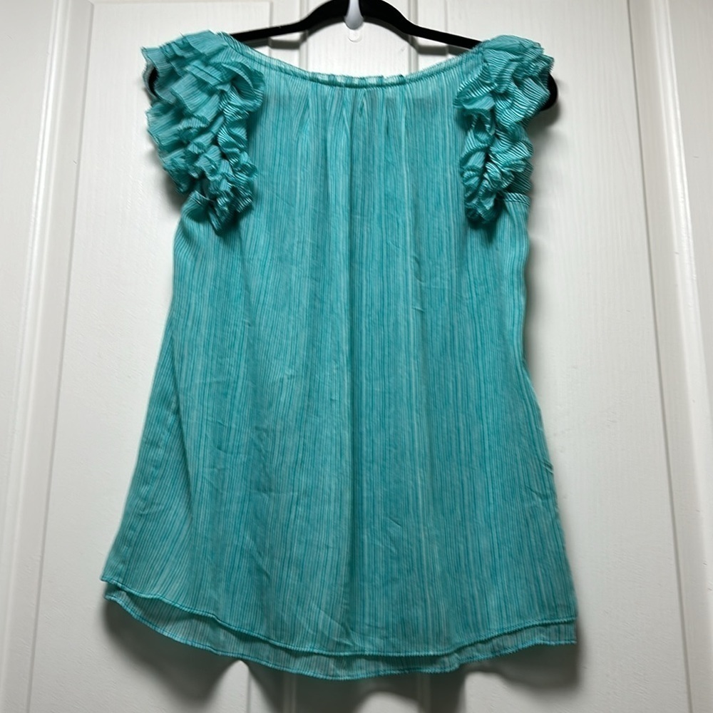BANANA REPUBLIC Teal/ White Stripe Ruffle Sleeveless Top Size Small - Picture 2 of 6